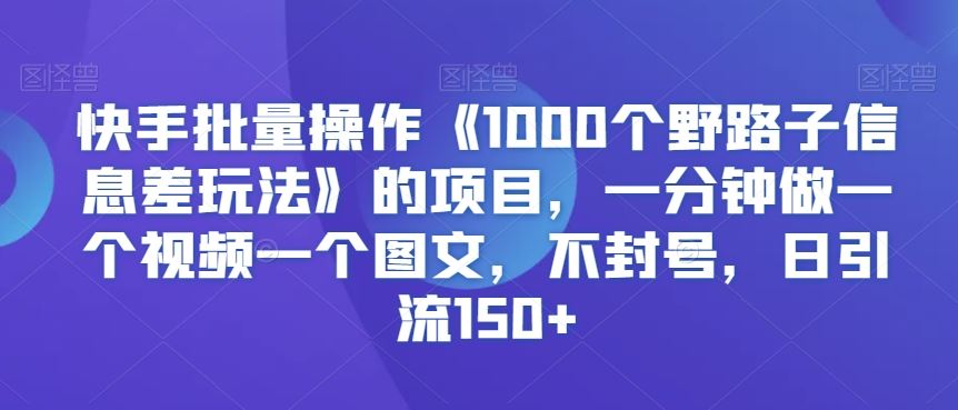 快手批量操作《1000个野路子信息差玩法》的项目，一分钟做一个视频一个图文，不封号，日引流150+【揭秘】 - 严选资源大全 - 严选资源大全